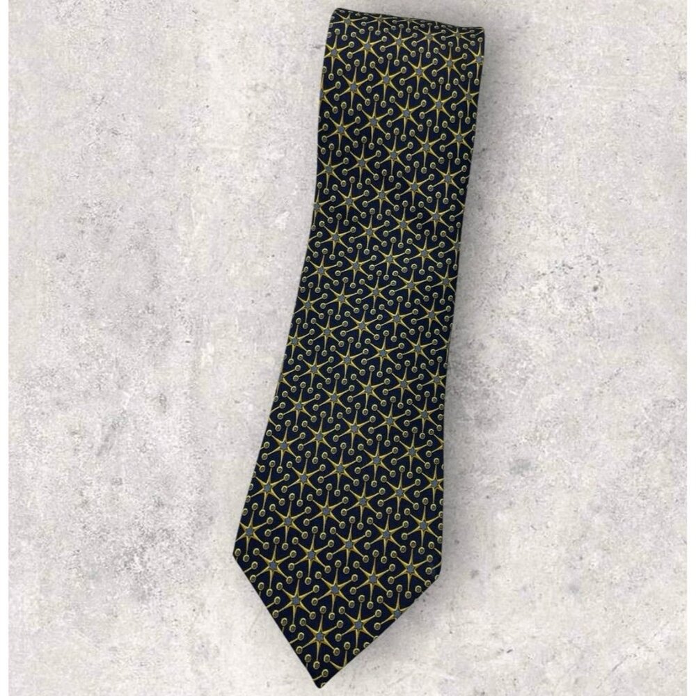 HERMÈS 7864 UA Silk Tie FRANCE XL Navy Blue Yellow Stars Dots W:3.5" EUC
